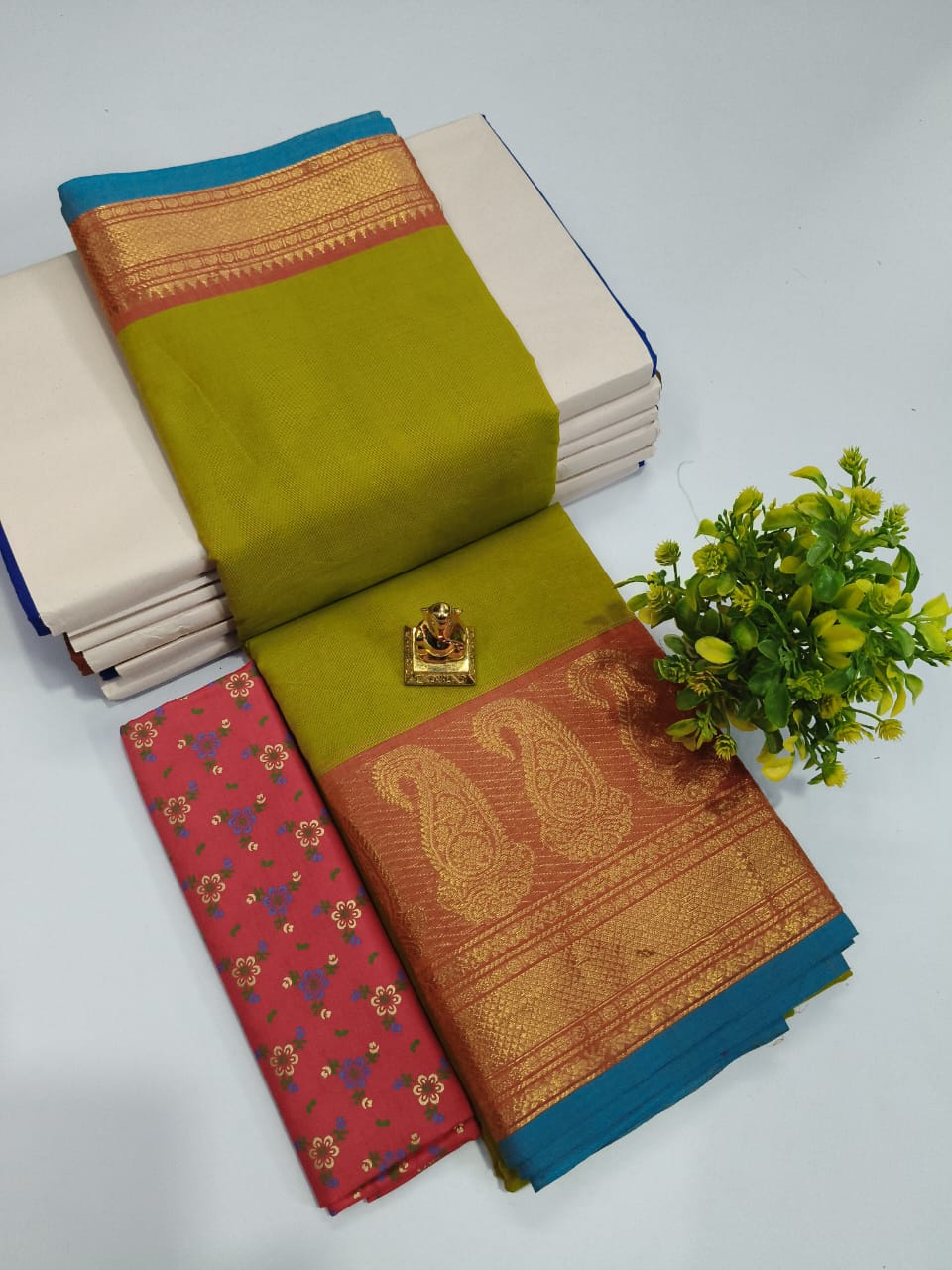 Chettinad Cotton Saree in Parrot Green with Paisley Border