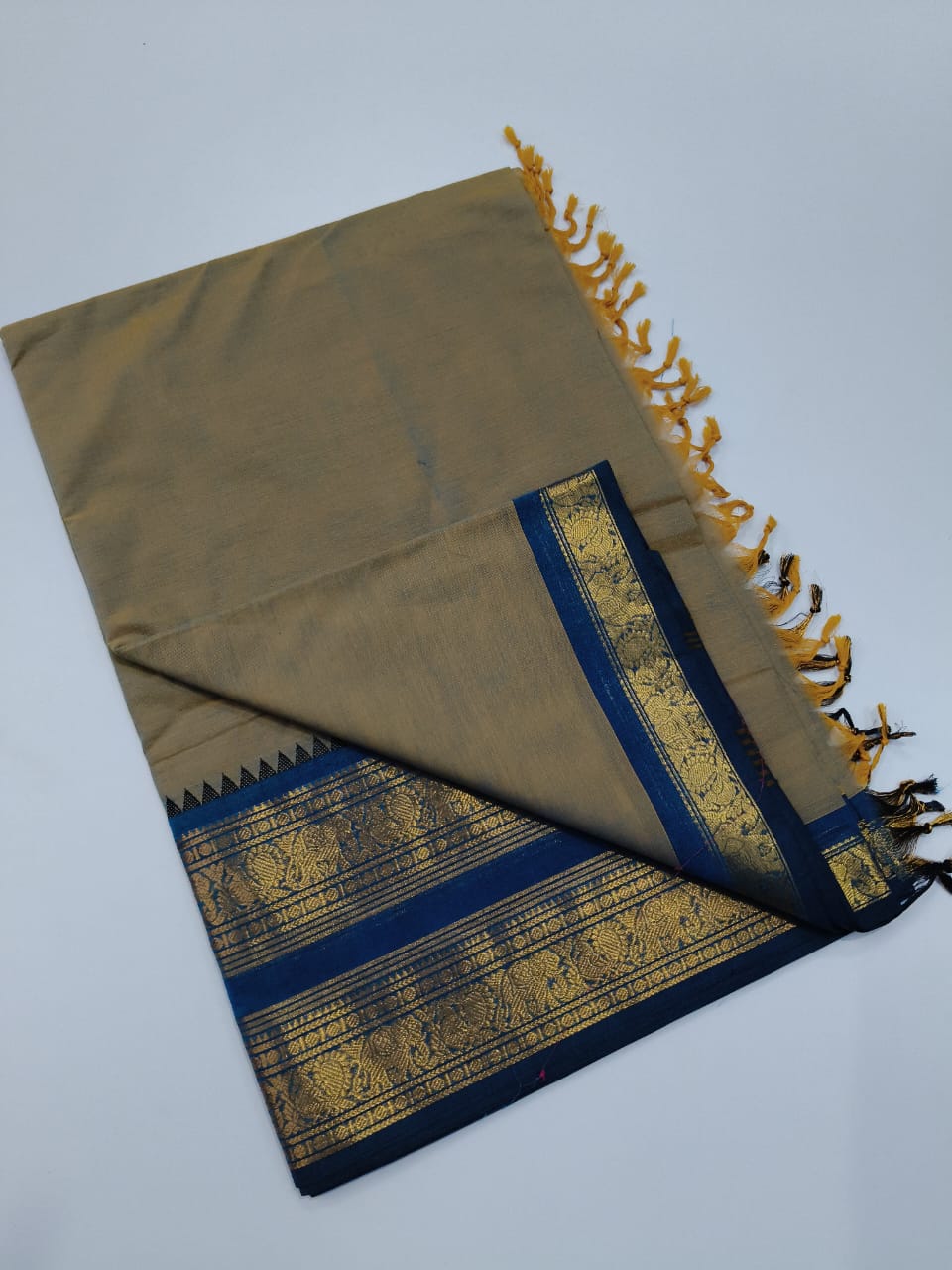 Chettinad Cotton Saree in Mustard Yellow with Navy Blue Golden Border