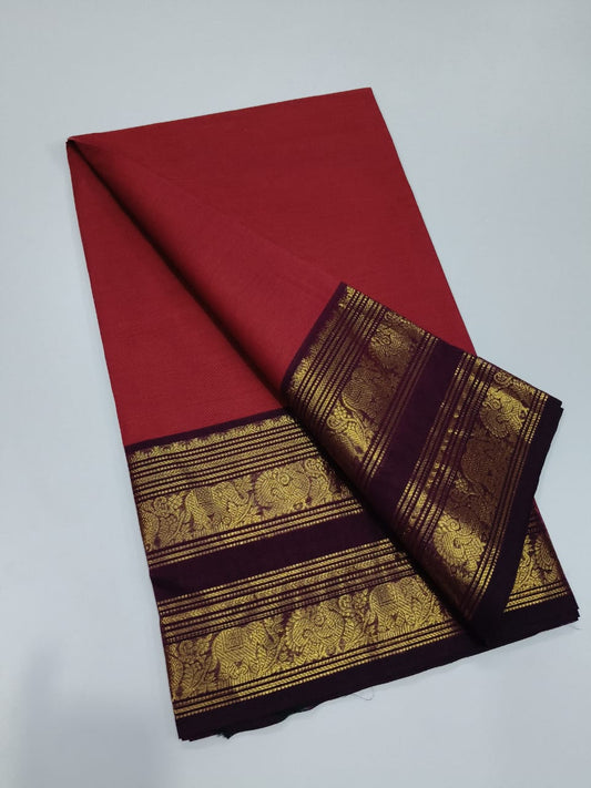 Chettinad Cotton Saree in Maroon with Purple Elephant Border