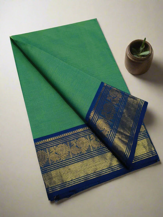 Chettinad Cotton Saree in Leafy Green with Blue Floral Border