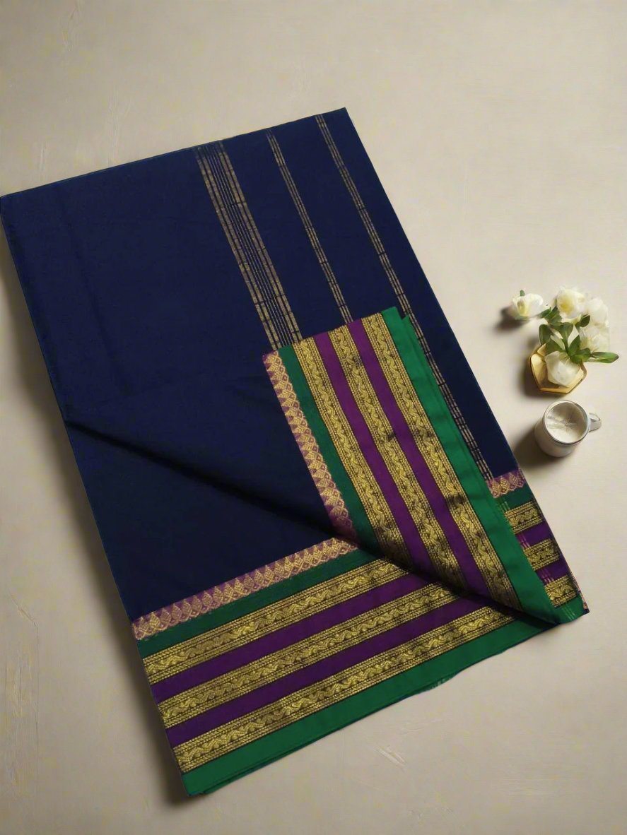 Chettinad Cotton Saree in Navy Blue with Multicolor Stripes Border