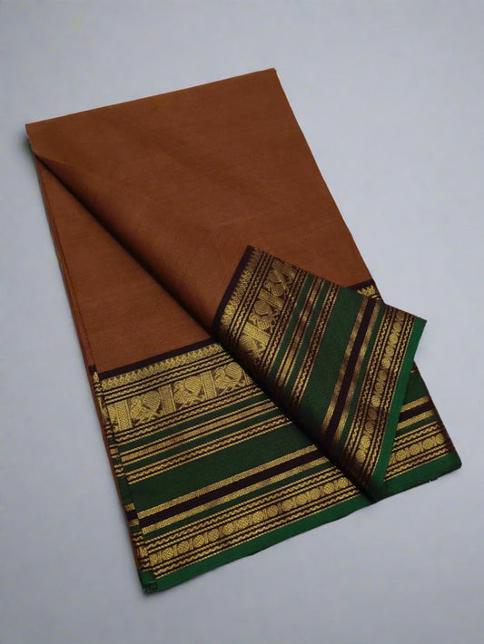 Chettinad Cotton Saree in Burnt Orange with Green and Golden Border