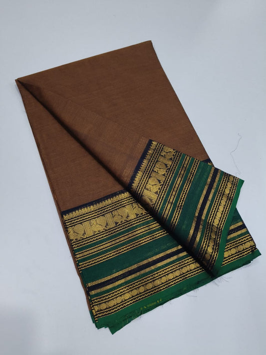 Elegant Chettinadu Cotton Saree in Brown with Green Border