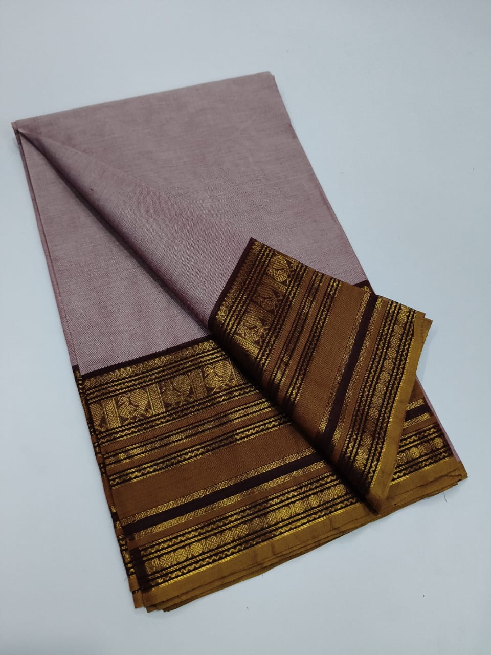 Elegant Chettinadu Cotton Saree in Pastel Purple with Brown Border