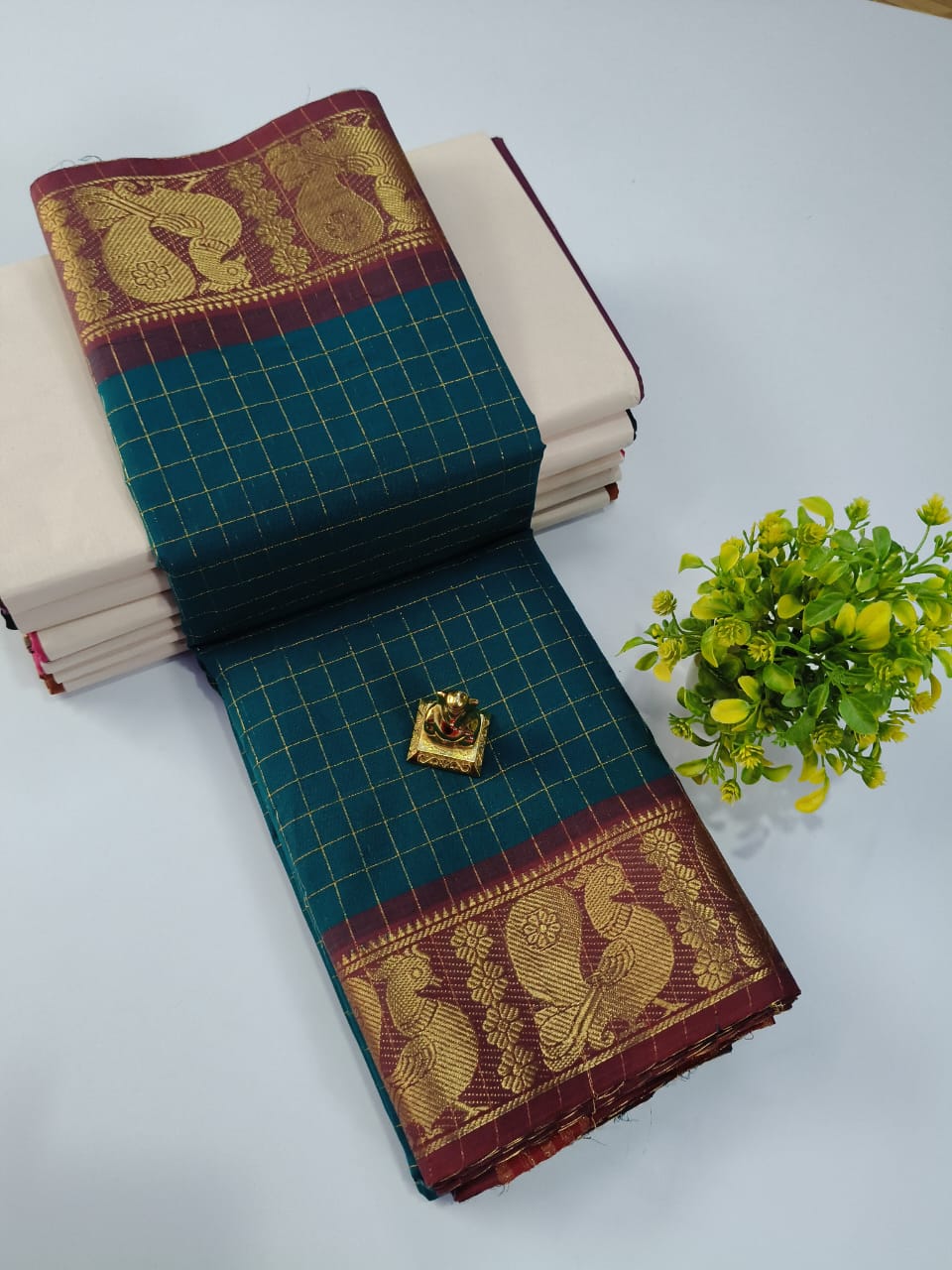 Elegant Chettinadu Cotton Saree in Peacock Blue with Maroon Border