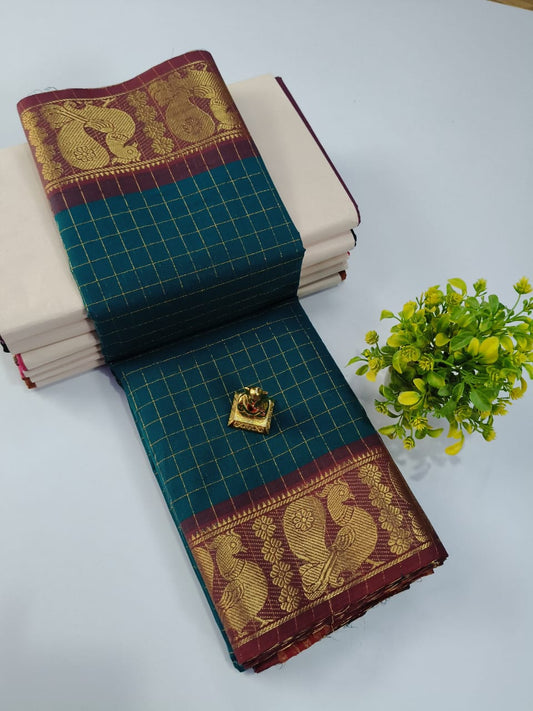 Elegant Chettinadu Cotton Saree in Peacock Blue with Maroon Border