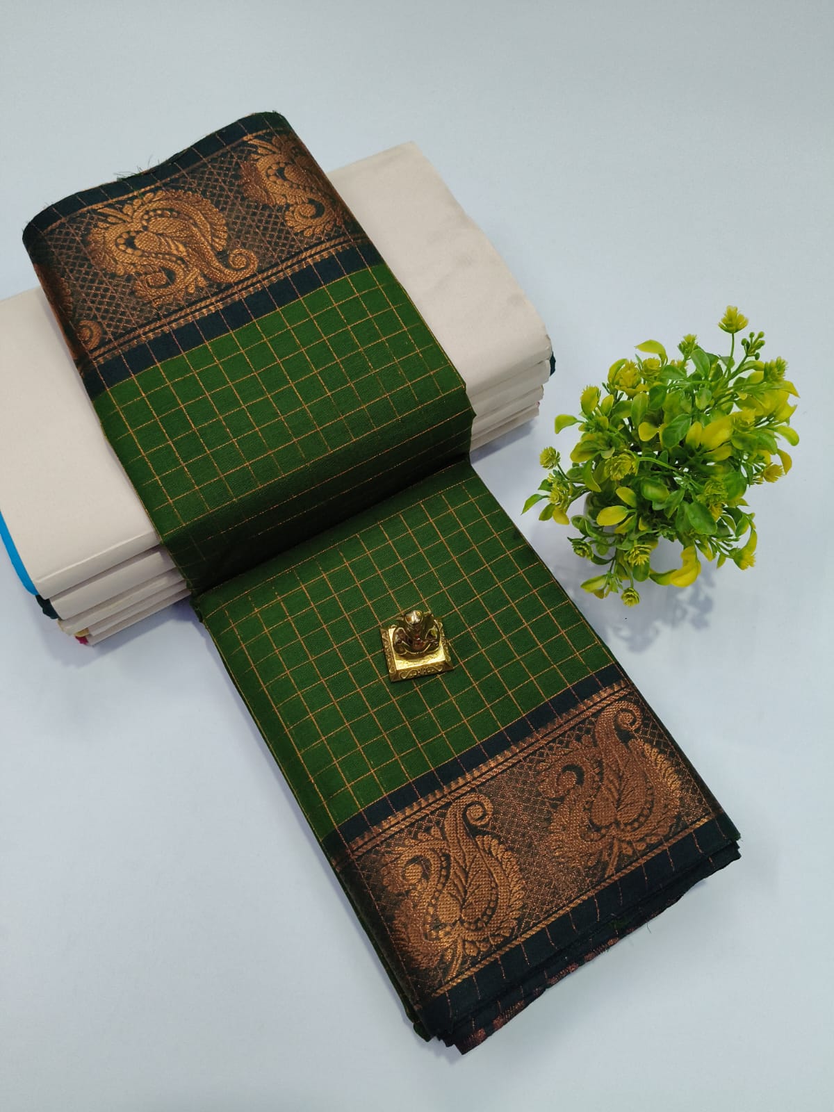 Elegant Chettinadu Cotton Saree in Dark Green with Copper Border