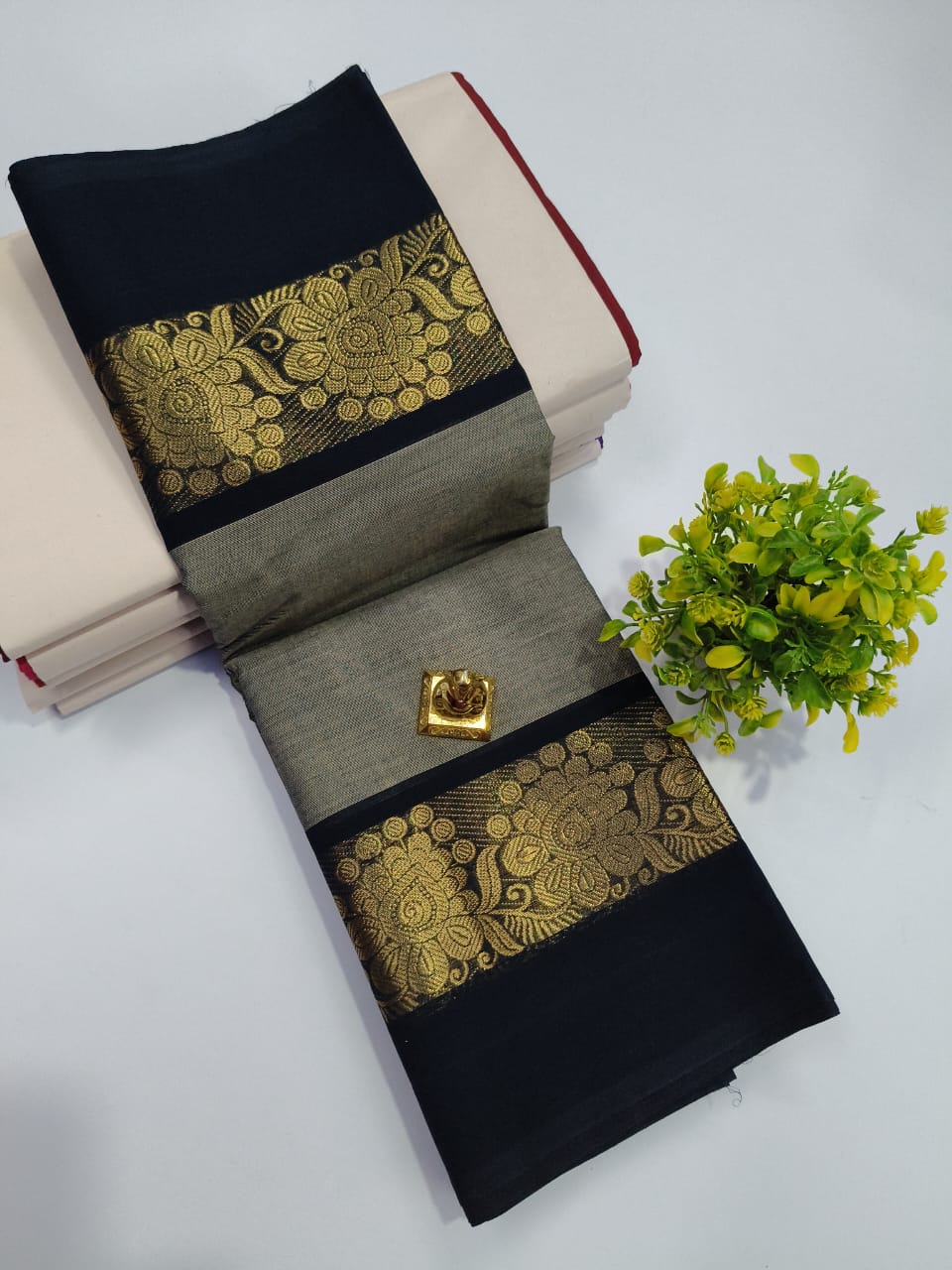 Elegant Chettinadu Cotton Saree in Black and Gray with Golden Border