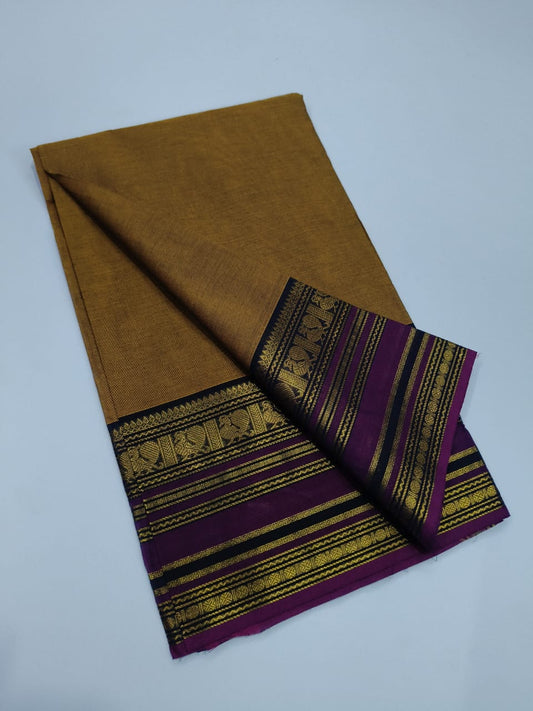 Elegant Chettinadu Cotton Saree in Mustard with Purple Border