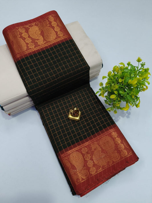 Elegant Chettinadu Cotton Saree in Black with Maroon Border