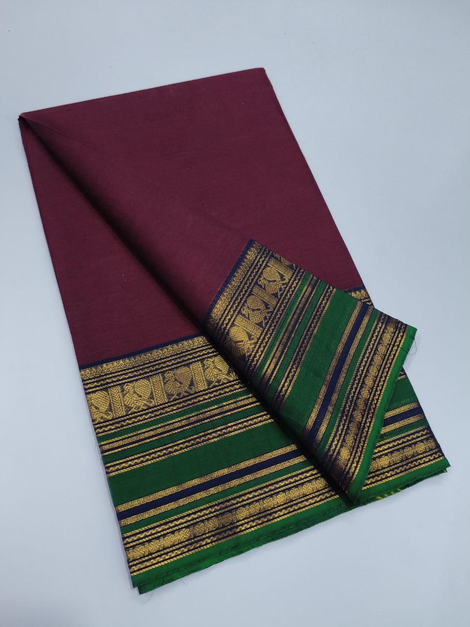 Elegant Chettinadu Cotton Saree in Maroon with Green Border