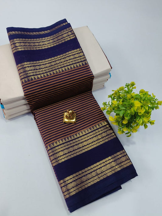 Elegant Chettinadu Cotton Saree in Navy Blue with Copper Stripes