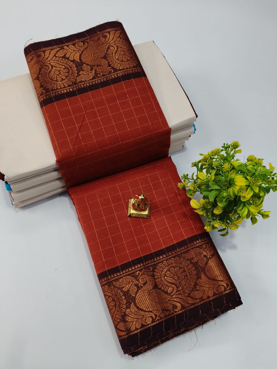 Elegant Chettinadu Cotton Saree in Rust with Dark Brown Border