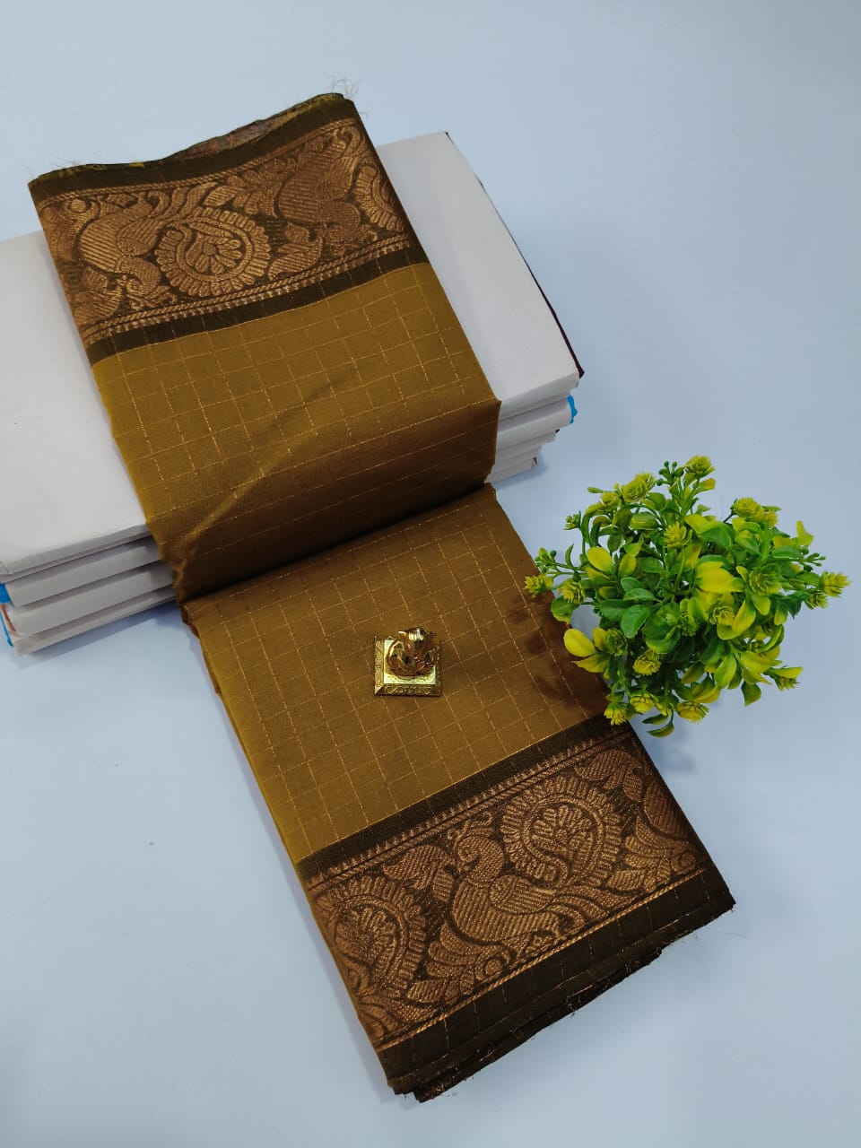 Elegant Chettinadu Cotton Saree in Golden Brown with Black Border