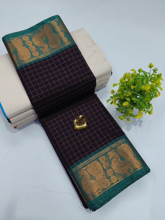 Elegant Chettinadu Cotton Saree in Dark Blue with Green Border