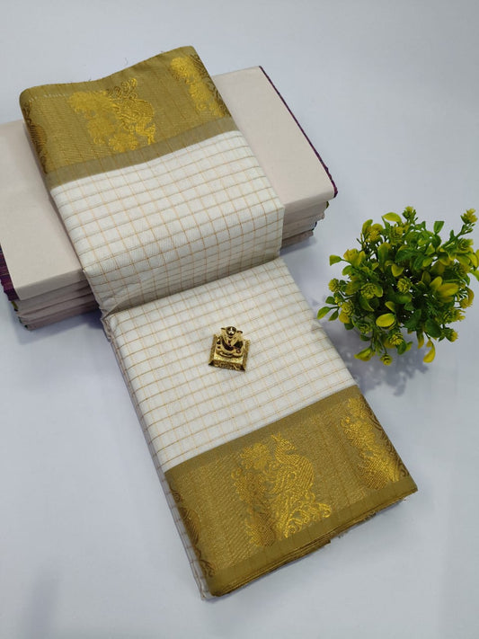 Elegant Chettinadu Cotton Saree in Ivory with Gold Border