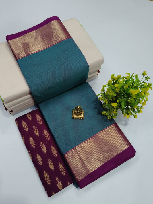 Elegant Chettinadu Cotton Saree in Teal with Purple Border