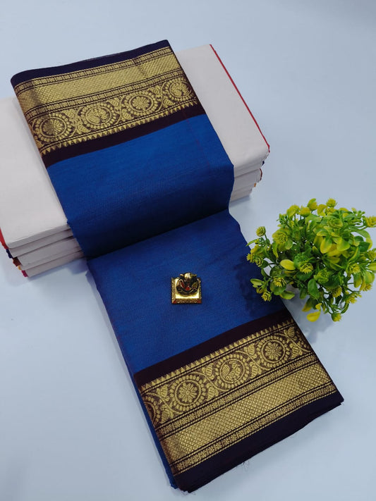 Royal Blue Chettinad Cotton Saree with Golden Borders