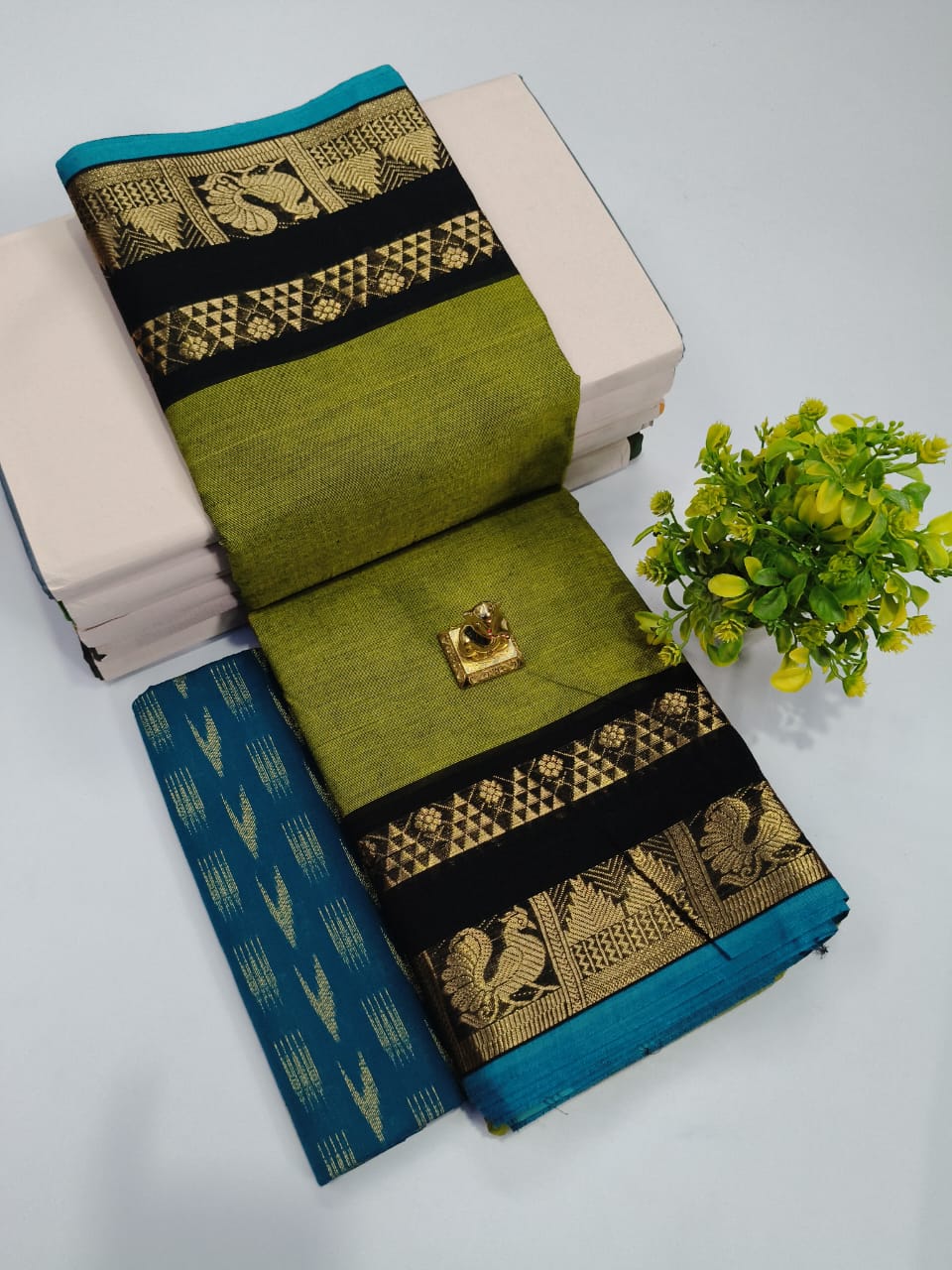 Rifle Green Chettinad Cotton Saree with Black and Golden Borders