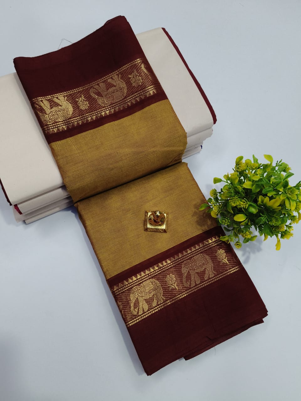 Maroon and Mustard Chettinad Cotton Saree with Elephant Motifs