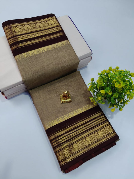 Pastel Beige Chettinad Cotton Saree with Rich Golden Borders