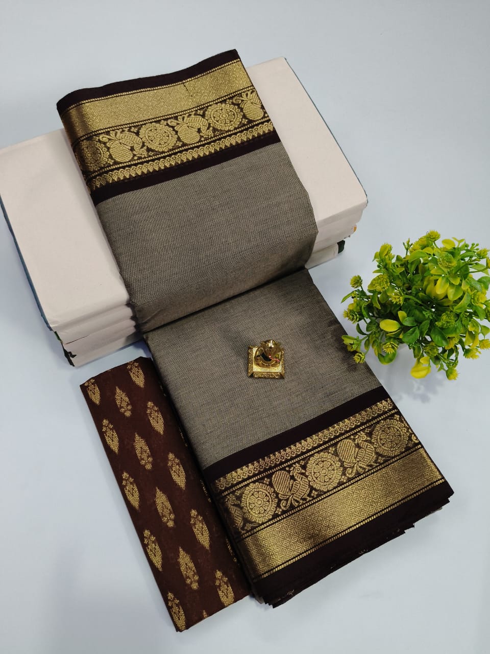 Gray Chettinad Cotton Saree with Black and Golden Borders