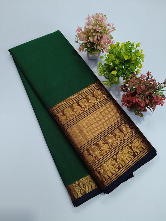 Rich Green Chettinadu Cotton Saree with Intricate Golden Zari Border