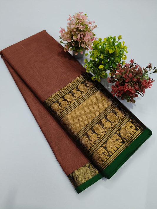 Brown Chettinadu Cotton Saree with Delicate Green Zari Border