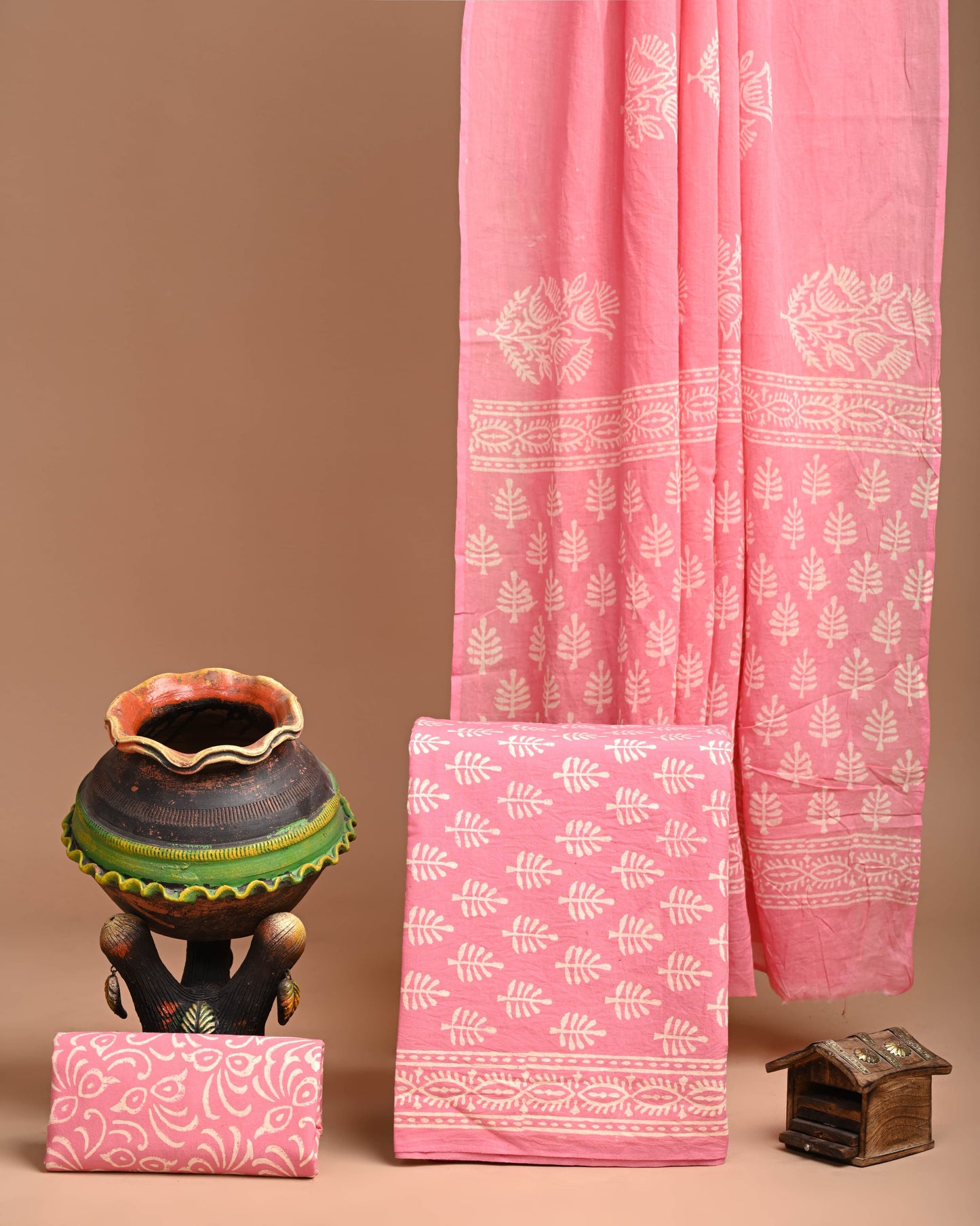 Soft Pink Cotton Chudidar with Leaf Motifs