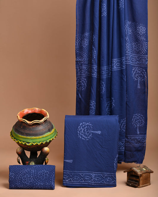 Indigo Blue Cotton Chudidar with Floral Motifs