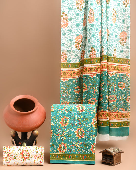 Turquoise Cotton Chudidar with Floral Motifs