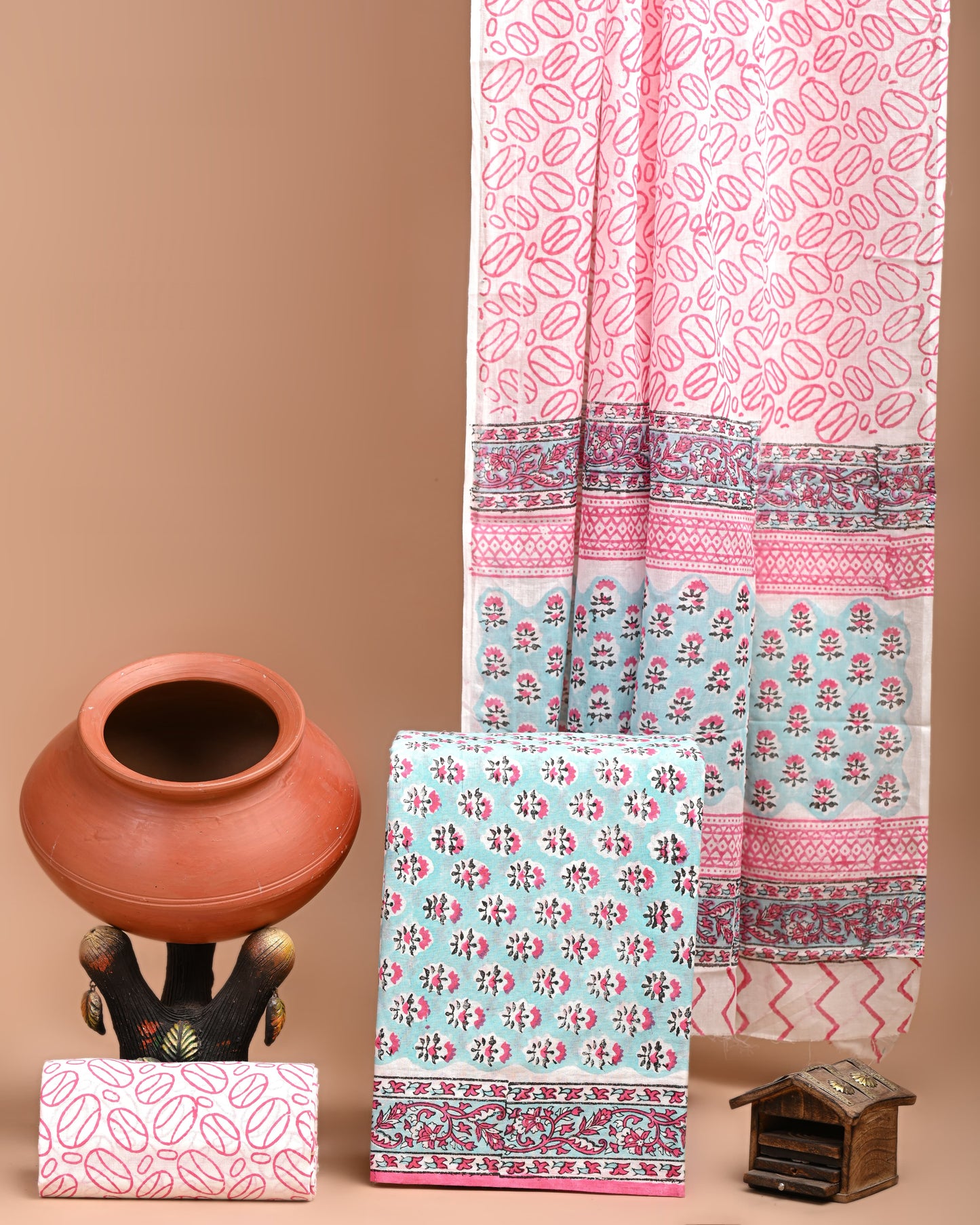 Pink and White Cotton Chudidar with Floral Patterns