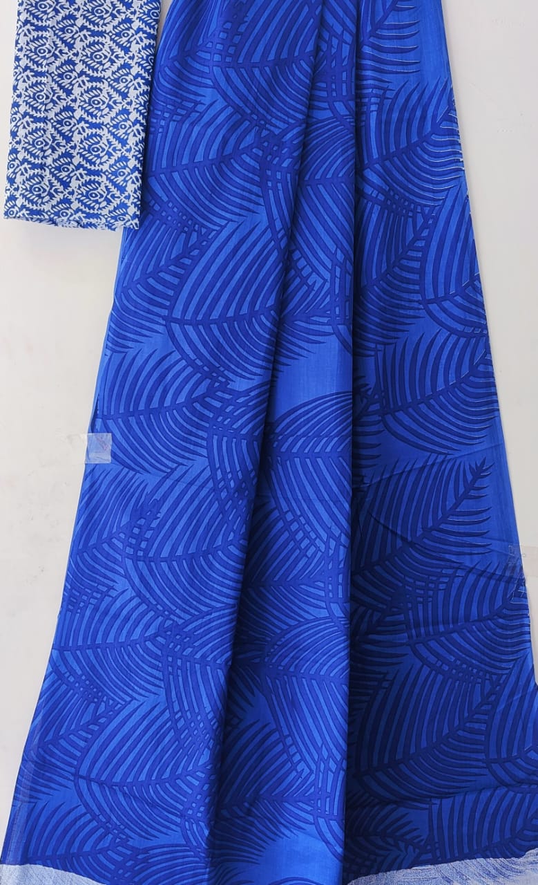 Blue Ocean: Mulcotton Saree with Leaf Pattern