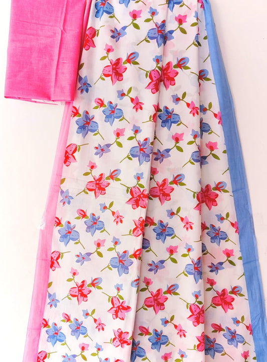 Floral Bliss: Mulcotton Saree with Pink and Blue Flowers