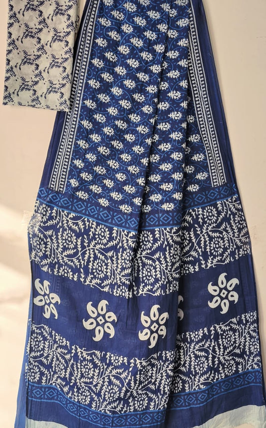 Traditional Blue: Mulcotton Saree with Folk Pattern