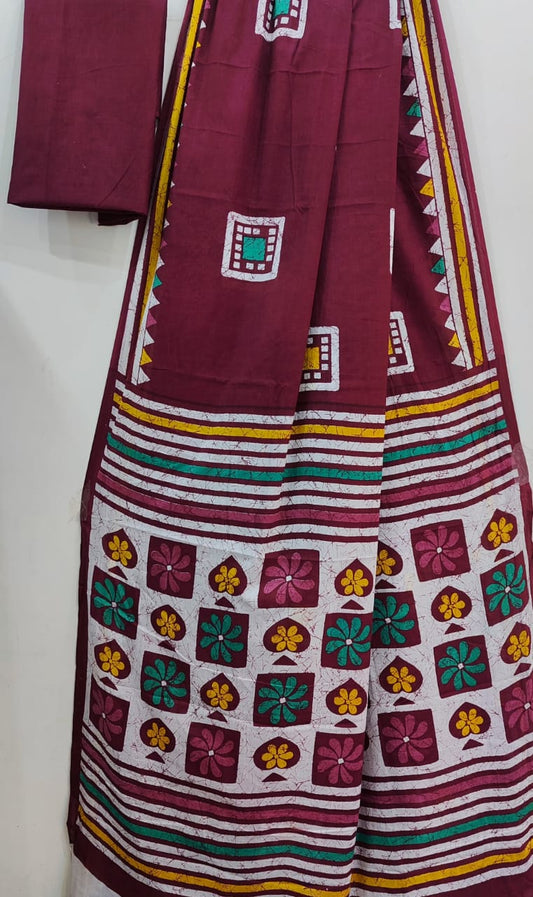 Maroon Delight: Mulcotton Saree with Colorful Blocks