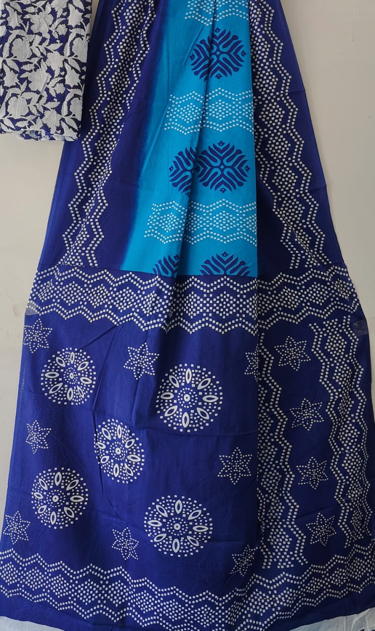 Blue and Turquoise: Mulcotton Saree with Geometric Pattern