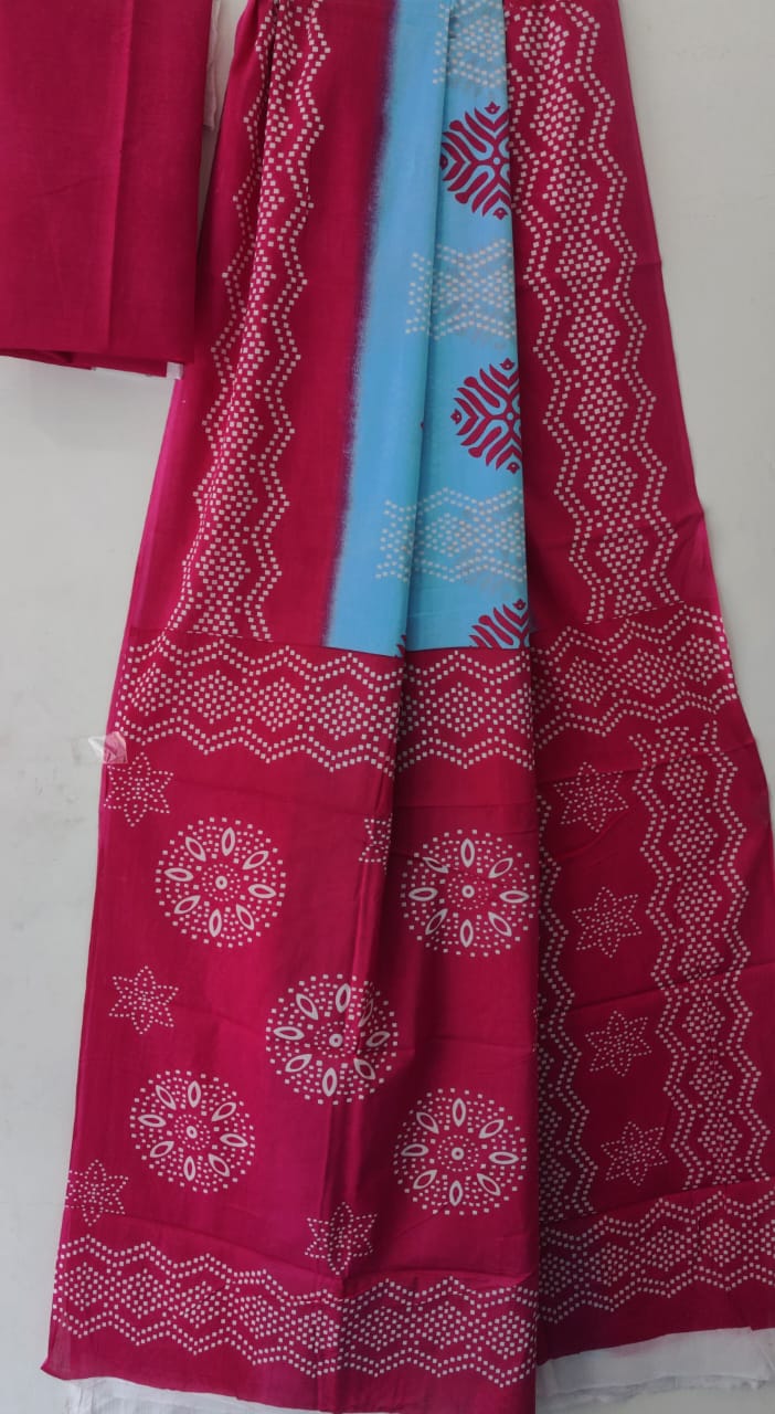 Pink and Turquoise: Mulcotton Saree with Geometric Pattern