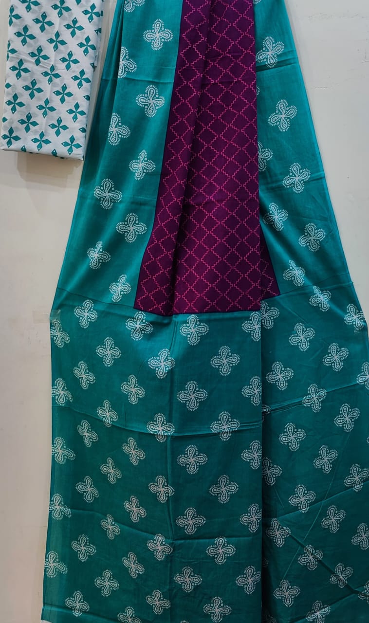 Turquoise Delight: Mulcotton Saree with Maroon Pattern