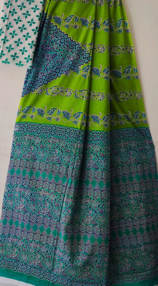 Lime Green: Mulcotton Saree with Blue Designs