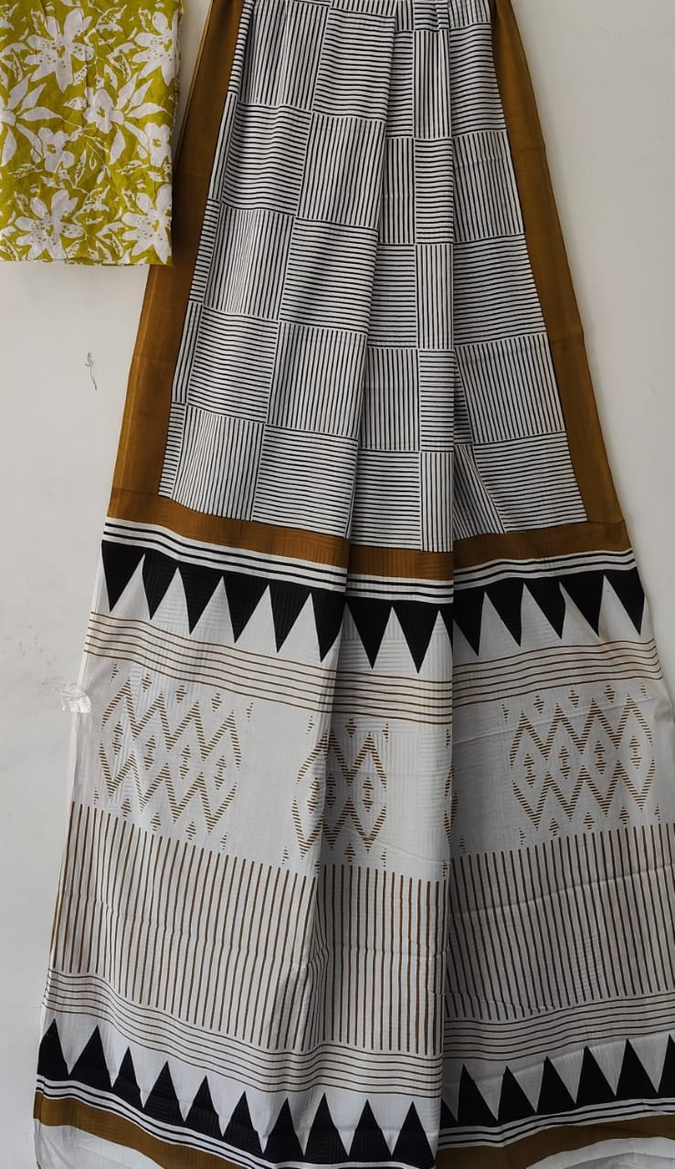 Golden Border: Mulcotton Saree with Black & White Stripes