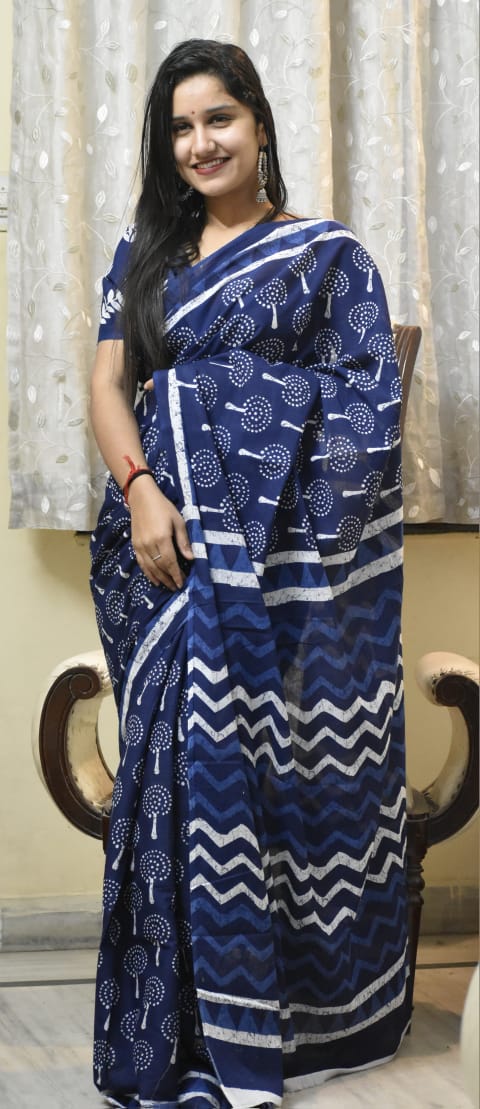 Blue Wave: Mulcotton Saree with Wave Pattern