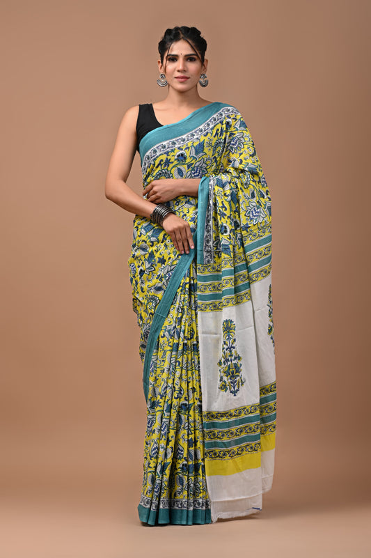 Midnight Charm: Blue Mulcotton Saree with Tribal Art