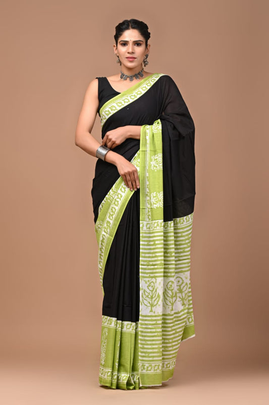 Lush Greenery: Lime Mulcotton Saree with Vine Pattern