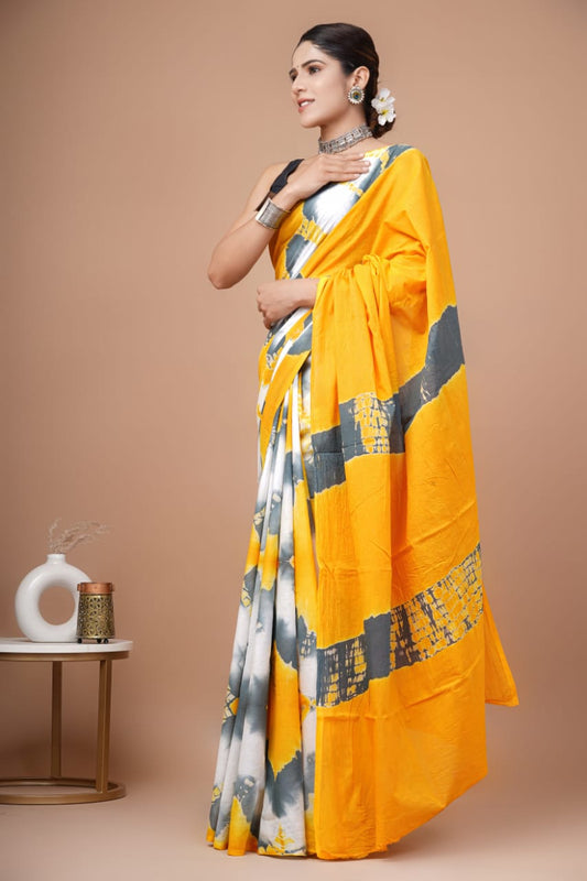 Vibrant Sunshine: Yellow Mulcotton Saree with Grey Accents