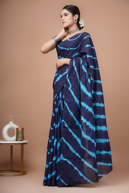 Midnight Sky: Navy Blue Mulcotton Saree with Aqua Accents