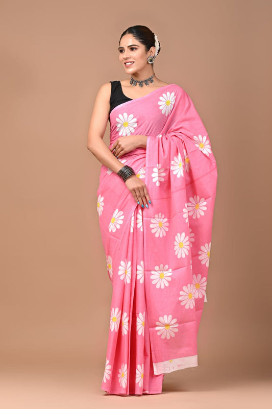 Playful Daisy: Pink Mulcotton Saree with White Floral Motifs