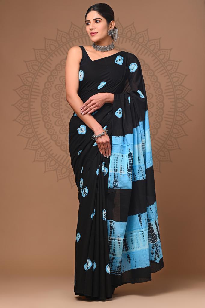 Oceanic Charm: Black Mulcotton Saree with Blue Accents