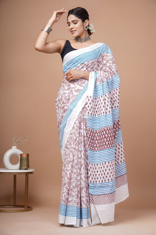 Floral Bliss: White Mulcotton Saree with Green and Blue Floral Prints