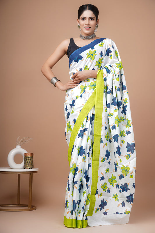 Pastel Bloom: White Mulcotton Saree with Purple Floral Motifs